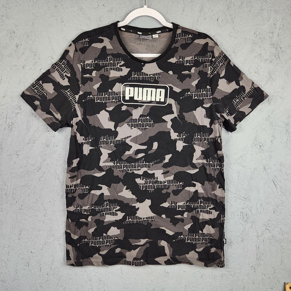 Puma Shirt Mens XL Black Gray Camo Graphic Tee Short Sleeve Logo Streetwear